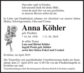 Traueranzeige von Anna Köhler (geb. Preußner)  von Magdeburger Volksstimme