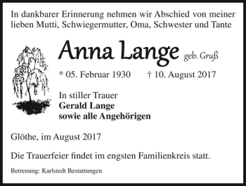 Traueranzeige von Anna Lange (geb. Gruß)  von Magdeburger Volksstimme