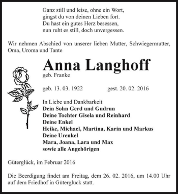 Traueranzeige von Anna Langhoff (geb. Franke)  von Magdeburger Volksstimme