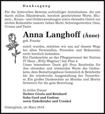 Traueranzeige von Anna Langhoff 