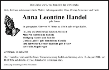 Traueranzeige von Anna Leontine Handel (geb. Fetzer)  von Magdeburger Volksstimme