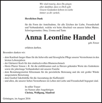 Traueranzeige von Anna Leontine Handel (geb. Fetzer)  von Magdeburger Volksstimme