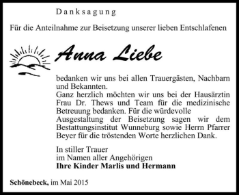Traueranzeige von Anna Liebe  von Magdeburger Volksstimme