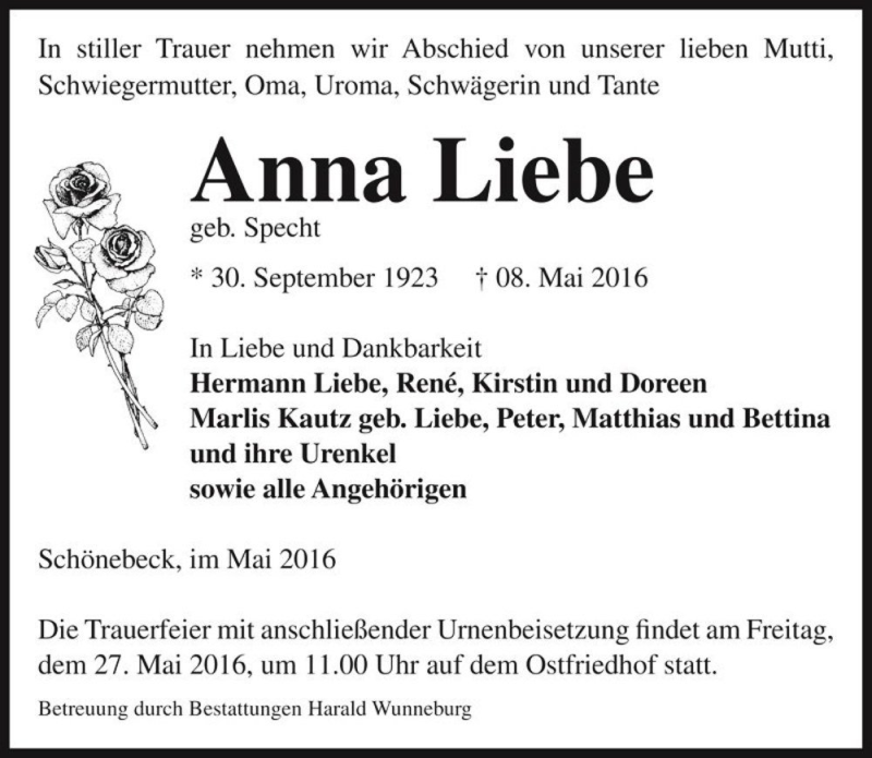  Traueranzeige für Anna Liebe (geb. Specht)  vom 21.05.2016 aus Magdeburger Volksstimme