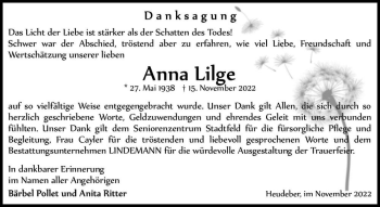 Traueranzeige von Anna Lilge  von Magdeburger Volksstimme