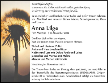 Traueranzeige von Anna Lilge  von Magdeburger Volksstimme