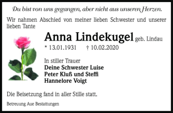 Traueranzeige von Anna Lindekugel (geb. Lindau)  von Magdeburger Volksstimme