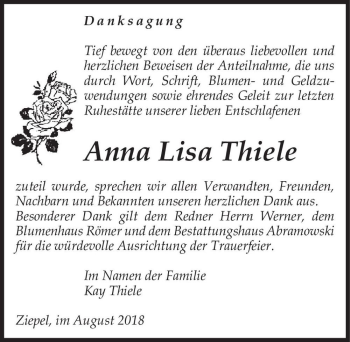 Traueranzeige von Anna Lisa Thiele  von Magdeburger Volksstimme