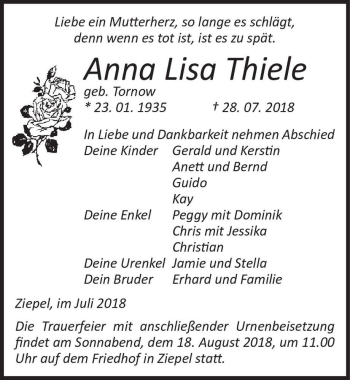 Traueranzeige von Anna Lisa Thiele (geb. Tornow)  von Magdeburger Volksstimme