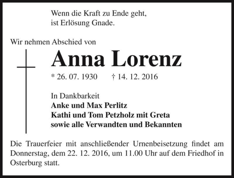  Traueranzeige für Anna Lorenz  vom 16.12.2016 aus Magdeburger Volksstimme