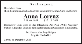 Traueranzeige von Anna Lorenz  von Magdeburger Volksstimme