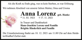 Traueranzeige von Anna Lorenz (geb. Hanke)  von Magdeburger Volksstimme