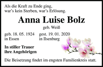 Traueranzeige von Anna Luise Bolz (geb. Weiß)  von Magdeburger Volksstimme
