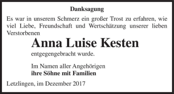Traueranzeige von Anna Luise Kesten  von Magdeburger Volksstimme