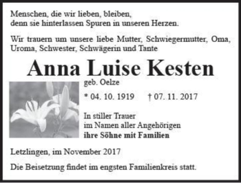 Traueranzeige von Anna Luise Kesten (geb. Oelze)  von Magdeburger Volksstimme