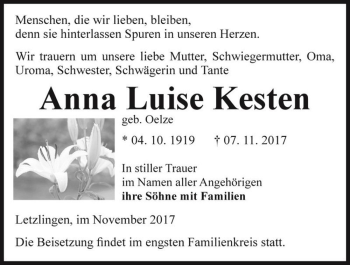Traueranzeige von Anna Luise Kesten (geb. Oelze)  von Magdeburger Volksstimme