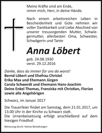Traueranzeige von Anna Löbert  von Magdeburger Volksstimme