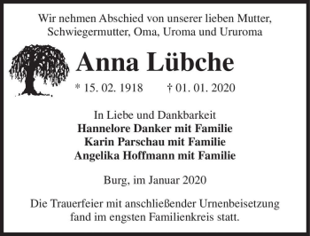 Traueranzeige von Anna Lübche  von Magdeburger Volksstimme