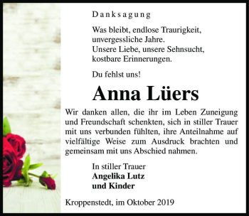 Traueranzeige von Anna Lüers  von Magdeburger Volksstimme