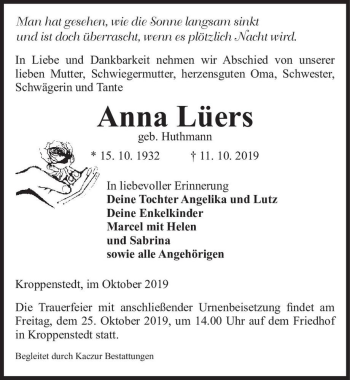 Traueranzeige von Anna Lüers (geb. Huthmann)  von Magdeburger Volksstimme