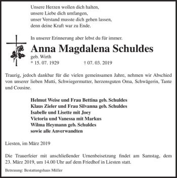 Traueranzeige von Anna Magdalena Schuldes (geb. Wirth)  von Magdeburger Volksstimme
