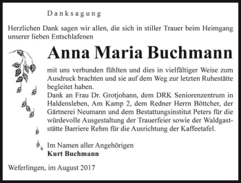 Traueranzeige von Anna Maria Buchmann  von Magdeburger Volksstimme