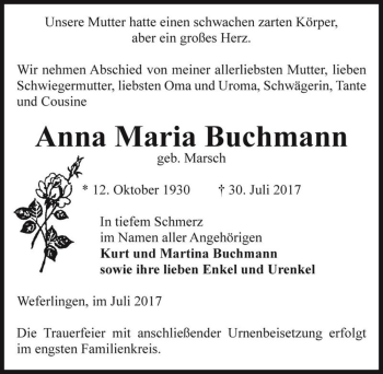 Traueranzeige von Anna Maria Buchmann (geb. Marsch)  von Magdeburger Volksstimme
