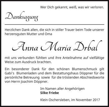 Traueranzeige von Anna Maria Drbal  von Magdeburger Volksstimme