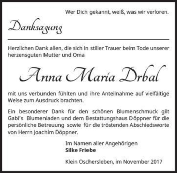 Traueranzeige von Anna Maria Drbal  von Magdeburger Volksstimme