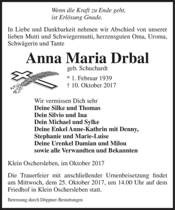 Traueranzeige von Anna Maria Drbal (geb. Schuchardt)  von Magdeburger Volksstimme