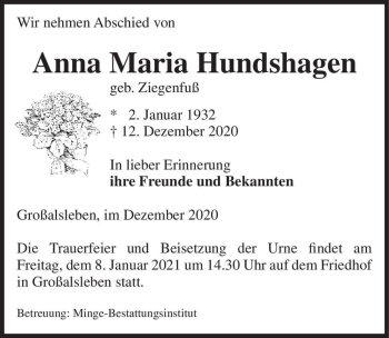 Traueranzeige von Anna Maria Hundshagen (geb. Ziegenfuß)  von Magdeburger Volksstimme