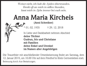 Traueranzeige von Anna Maria Kircheis (Anni Schreiber)  von Magdeburger Volksstimme