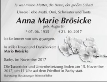 Traueranzeige von Anna Marie Brösicke (geb. Augustin)  von Magdeburger Volksstimme