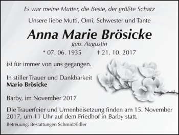 Traueranzeige von Anna Marie Brösicke (geb. Augustin)  von Magdeburger Volksstimme
