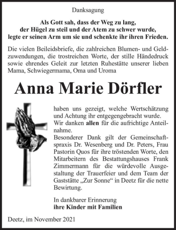 Traueranzeige von Anna Marie Dörfler  von Magdeburger Volksstimme