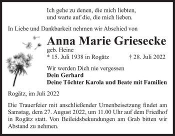 Traueranzeige von Anna Marie Griesecke (geb. Heine)  von Magdeburger Volksstimme