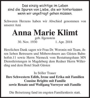 Traueranzeige von Anna Marie Klimt (geb. Ilgenstein)  von Magdeburger Volksstimme