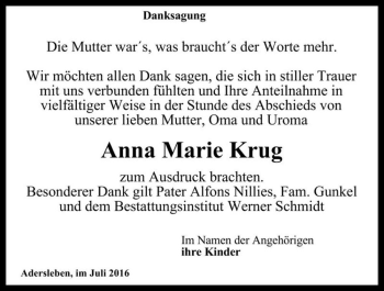 Traueranzeige von Anna Marie Krug  von Magdeburger Volksstimme