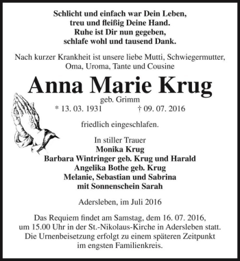 Traueranzeige von Anna Marie Krug (geb. Grimm)  von Magdeburger Volksstimme