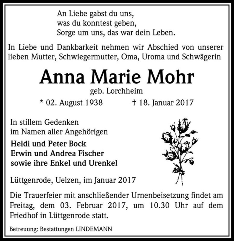  Traueranzeige für Anna Marie Mohr (geb. Lorchheim)  vom 28.01.2017 aus Magdeburger Volksstimme