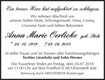 Traueranzeige von Anna Marie Oerlicke (geb. Stolz)  von Magdeburger Volksstimme
