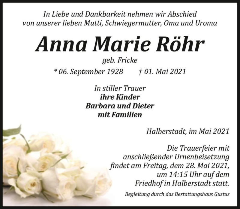  Traueranzeige für Anna Marie Röhr (geb. Fricke)  vom 08.05.2021 aus Magdeburger Volksstimme