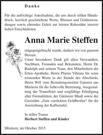 Traueranzeige von Anna Marie Steffen  von Magdeburger Volksstimme