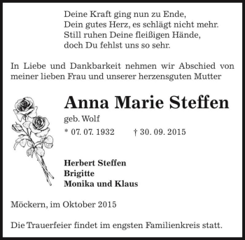 Traueranzeige von Anna Marie Steffen (geb. Wolf)  von Magdeburger Volksstimme