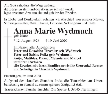 Traueranzeige von Anna Marie Wydmuch (geb. Mann)  von Magdeburger Volksstimme