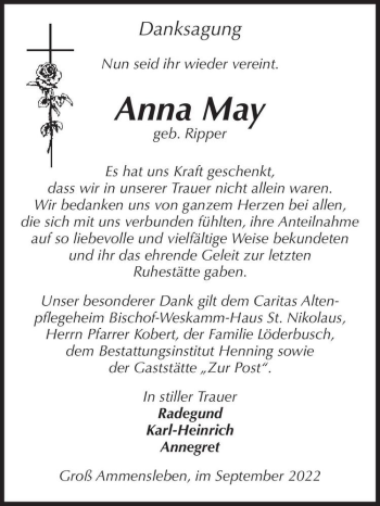 Traueranzeige von Anna May (geb. Ripper)  von Magdeburger Volksstimme