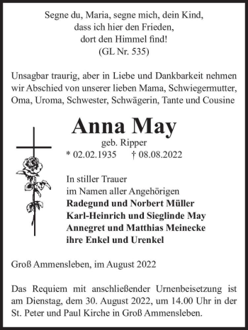 Traueranzeige von Anna May (geb. Ripper)  von Magdeburger Volksstimme