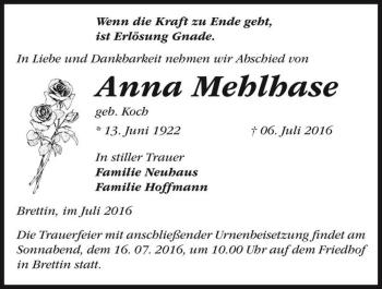 Traueranzeige von Anna Mehlhase (geb. Koch)  von Magdeburger Volksstimme
