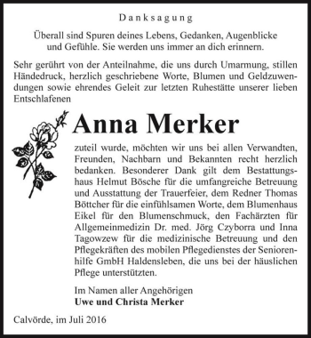 Traueranzeige von Anna Merker  von Magdeburger Volksstimme