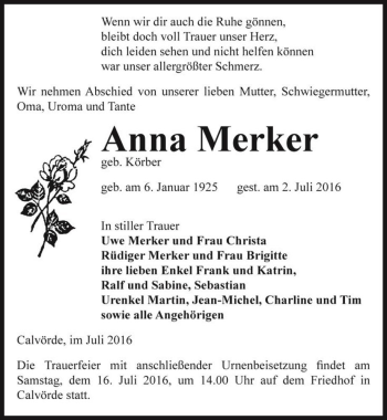Traueranzeige von Anna Merker (geb. Körber)  von Magdeburger Volksstimme